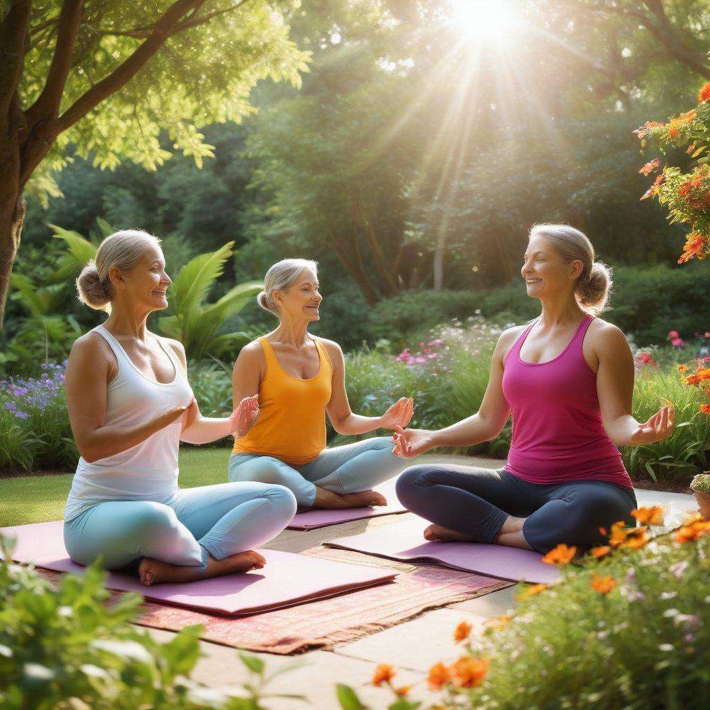 A serene scene depicting a diverse group of cancer survivors engaging in healthy lifestyle activities, such as yoga, gardening, and preparing nutritious meals, surrounded by lush greenery and colorful flowers. Soft sunlight filters through the trees, casting a warm glow on their joyful faces, symbolizing hope and resilience. Incorporate elements of mindfulness, like meditation cushions and herbal teas, to emphasize well-being. vibrant colors. super-realistic.